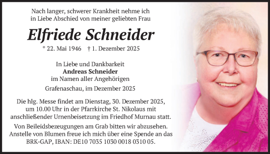 Traueranzeige von Elfriede Schneider von merkurtz