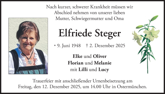 Traueranzeige von Elfriede Steger von merkurtz