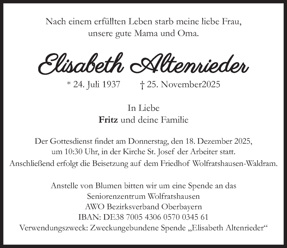 Traueranzeige für Elisabeth Altenrieder vom 13.12.2025 aus merkurtz