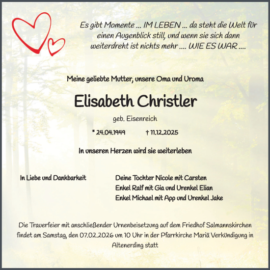 Traueranzeige von Elisabeth Christler von merkurtz