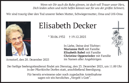Traueranzeige von Elisabeth Decker von merkurtz