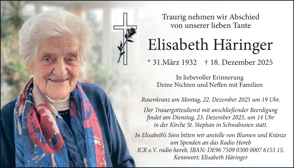  Traueranzeige für Elisabeth Häringer vom 20.12.2025 aus merkurtz