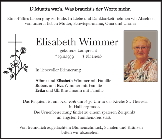 Traueranzeige von Elisabeth Wimmer von merkurtz