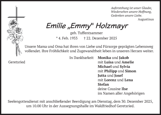Traueranzeige von Emilie Holzmayr von merkurtz