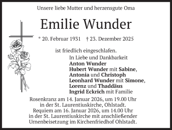 Traueranzeige von Emilie Wunder von merkurtz