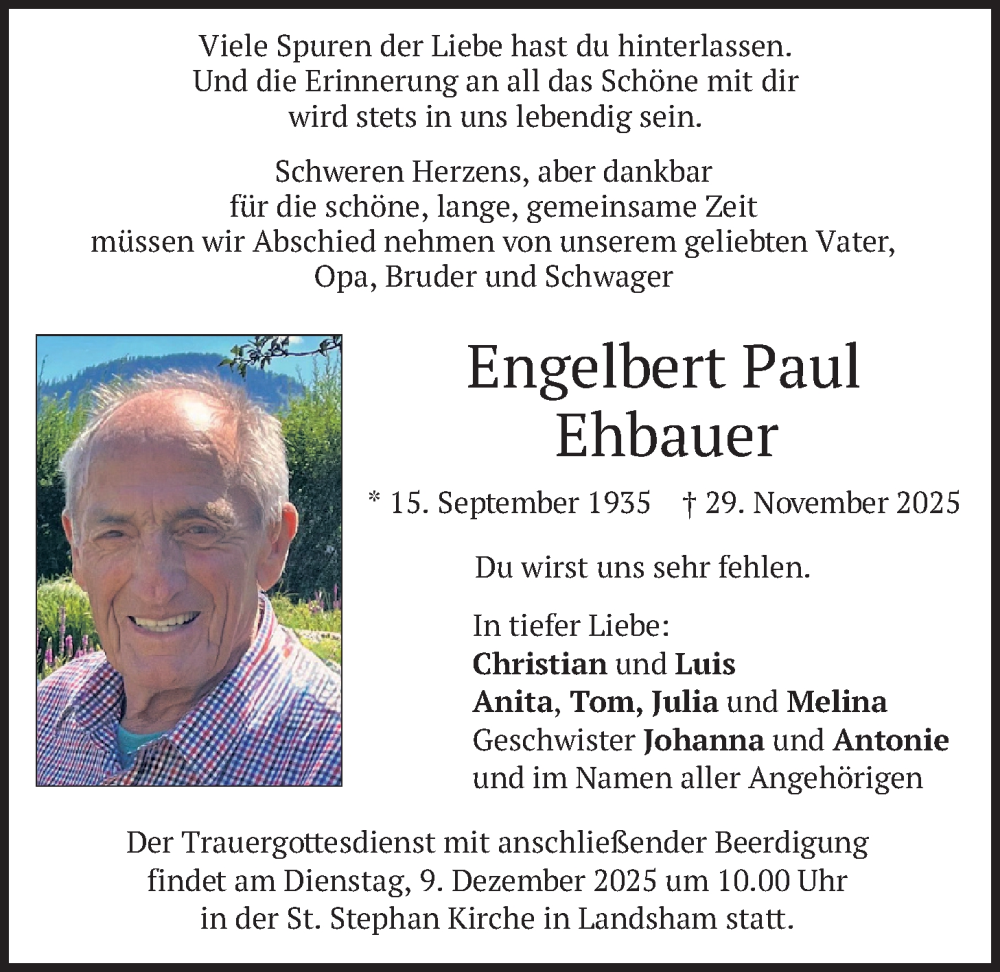  Traueranzeige für Engelbert Paul Ehbauer vom 05.12.2025 aus merkurtz
