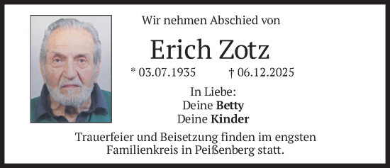 Traueranzeige von Erich Zotz von merkurtz