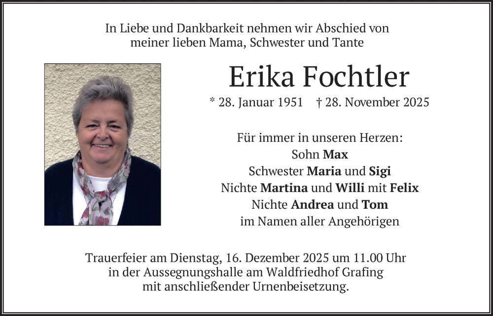  Traueranzeige für Erika Fochtler vom 06.12.2025 aus merkurtz