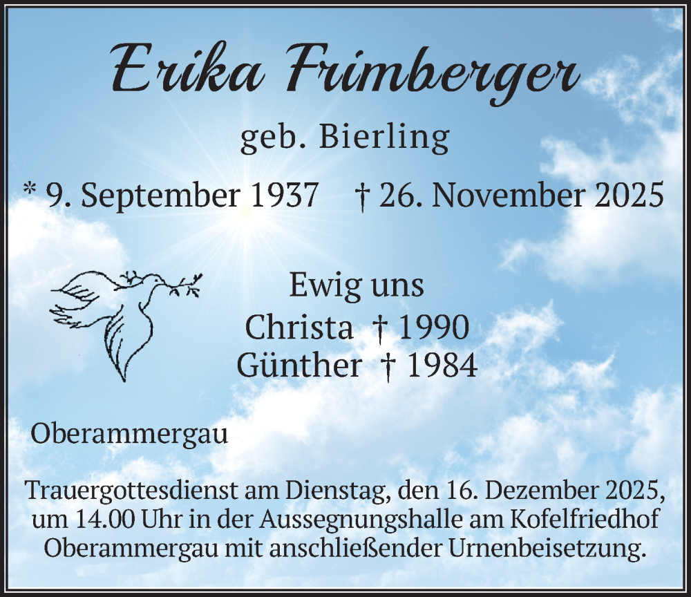  Traueranzeige für Erika Frimberger vom 13.12.2025 aus merkurtz