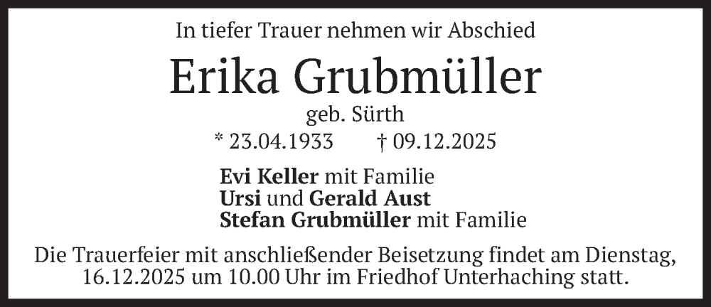  Traueranzeige für Erika Grubmüller vom 15.12.2025 aus merkurtz