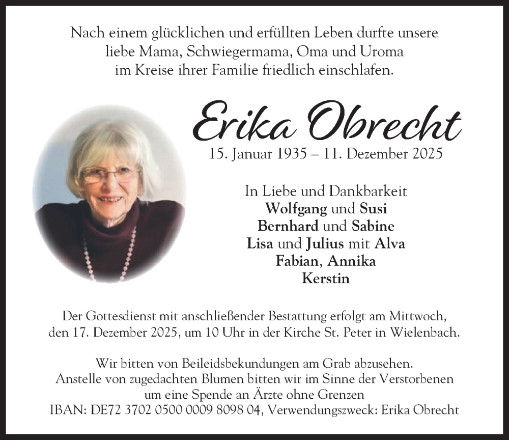  Traueranzeige für Erika Obrecht vom 13.12.2025 aus merkurtz