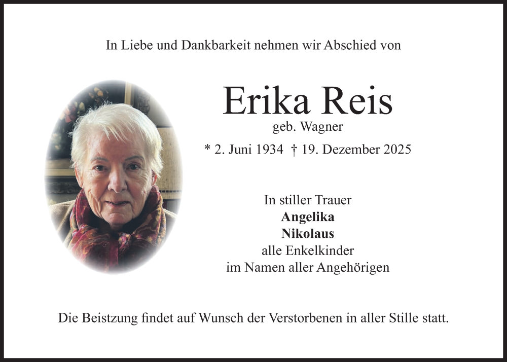  Traueranzeige für Erika Reis vom 27.12.2025 aus merkurtz