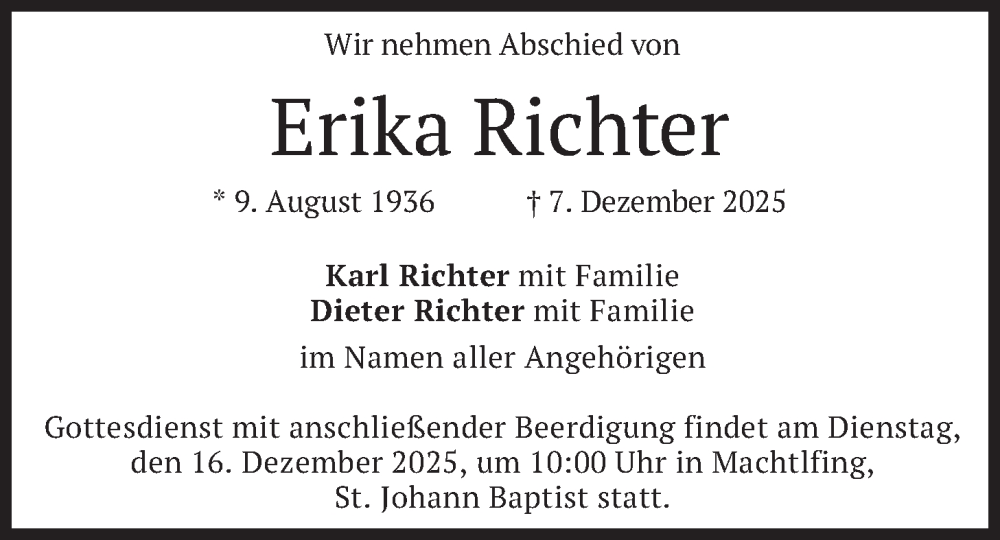  Traueranzeige für Erika Richter vom 13.12.2025 aus merkurtz