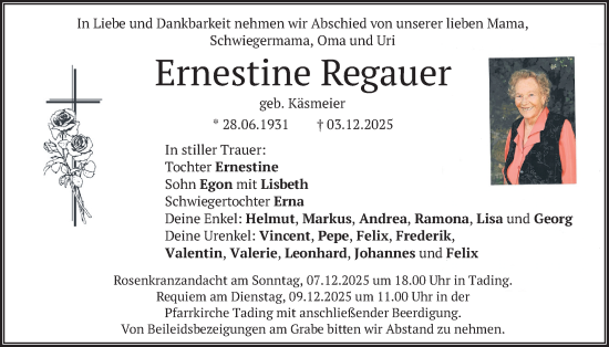 Traueranzeige von Ernestine Regauer von merkurtz