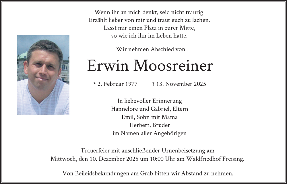  Traueranzeige für Erwin Moosreiner vom 06.12.2025 aus merkurtz