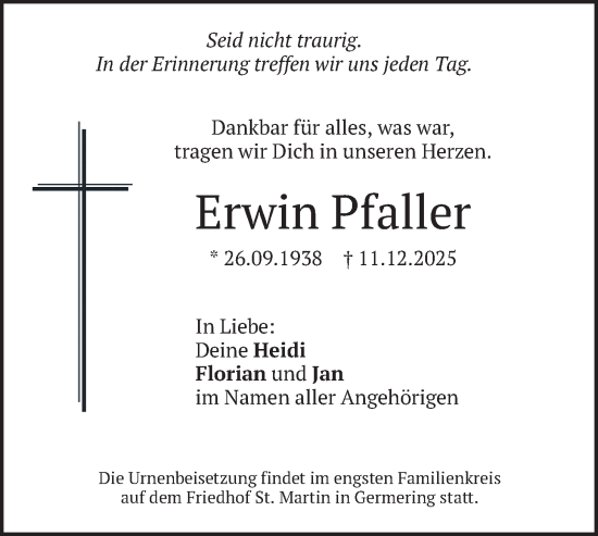 Traueranzeige von Erwin Pfaller von merkurtz