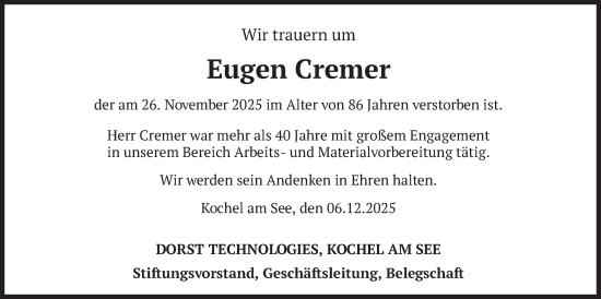 Traueranzeige von Eugen Cremer von merkurtz