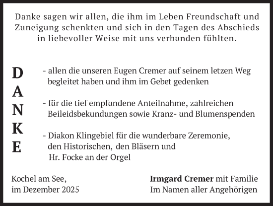 Traueranzeige von Eugen Cremer von merkurtz