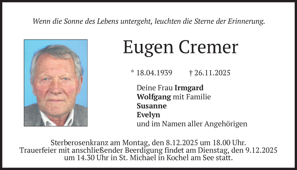  Traueranzeige für Eugen Cremer vom 06.12.2025 aus merkurtz