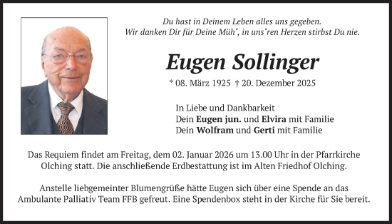 Traueranzeige von Eugen Sollinger von merkurtz