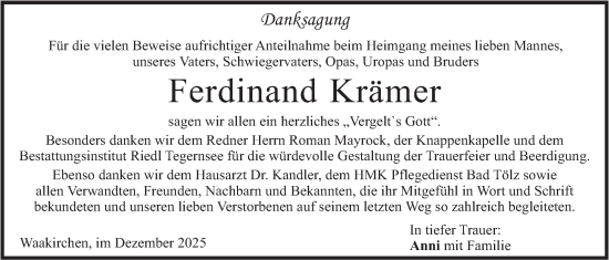 Traueranzeige von Ferdinand Krämer von merkurtz