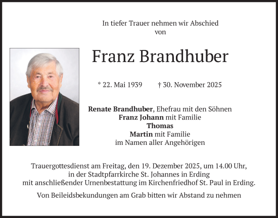Traueranzeige von Franz Brandhuber von merkurtz