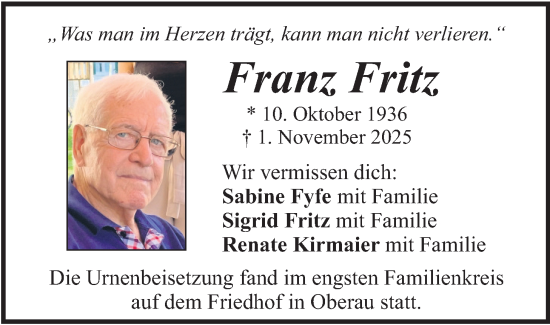 Traueranzeige von Franz Fritz von merkurtz