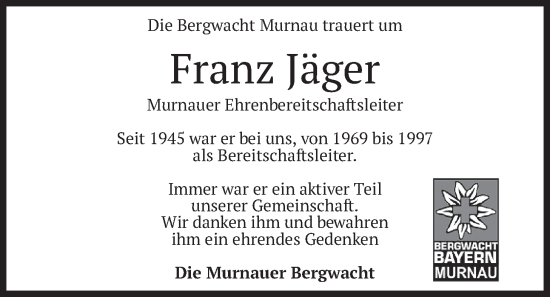 Traueranzeige von Franz Jäger von merkurtz