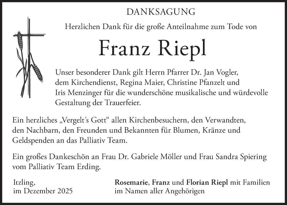  Traueranzeige für Franz Riepl vom 13.12.2025 aus merkurtz