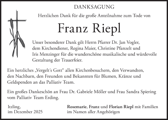 Traueranzeige von Franz Riepl von merkurtz