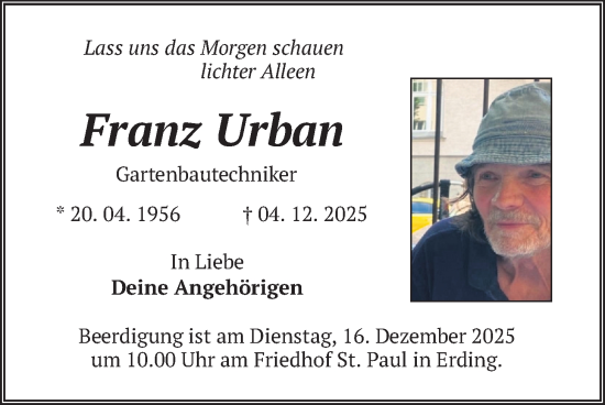 Traueranzeige von Franz Urban von merkurtz