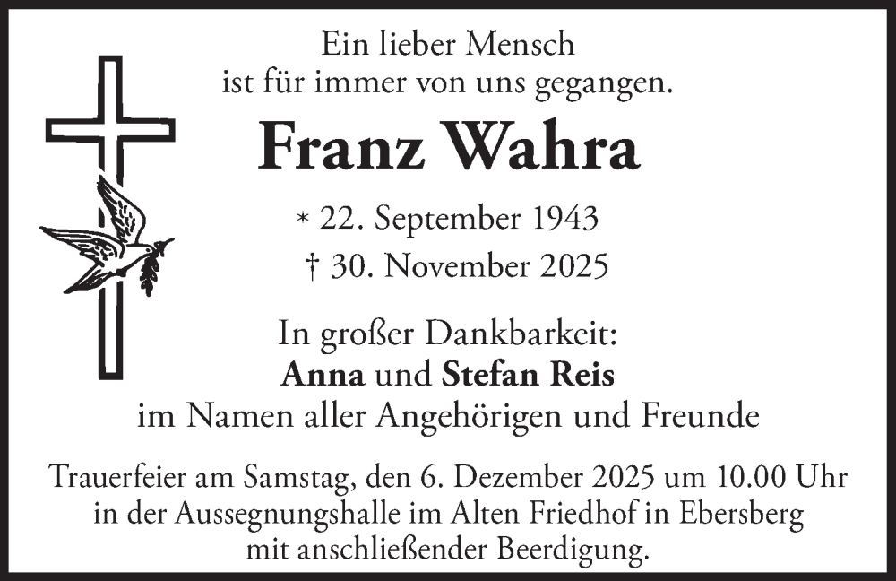  Traueranzeige für Franz Wahra vom 04.12.2025 aus merkurtz