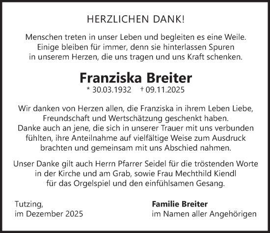 Traueranzeige von Franziska Breiter von merkurtz