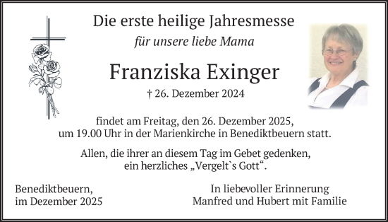 Traueranzeige von Franziska Exinger von merkurtz
