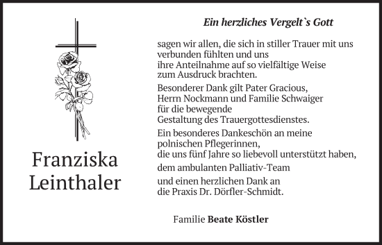 Traueranzeige von Franziska Leinthaler von merkurtz