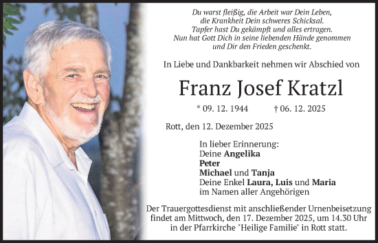 Traueranzeige von Franz Josef Kratzl von merkurtz