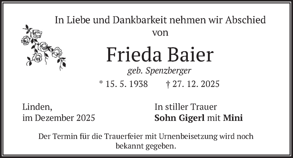  Traueranzeige für Frieda Baier vom 30.12.2025 aus merkurtz