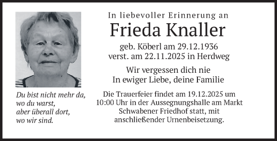 Traueranzeige von Frieda Knaller von merkurtz