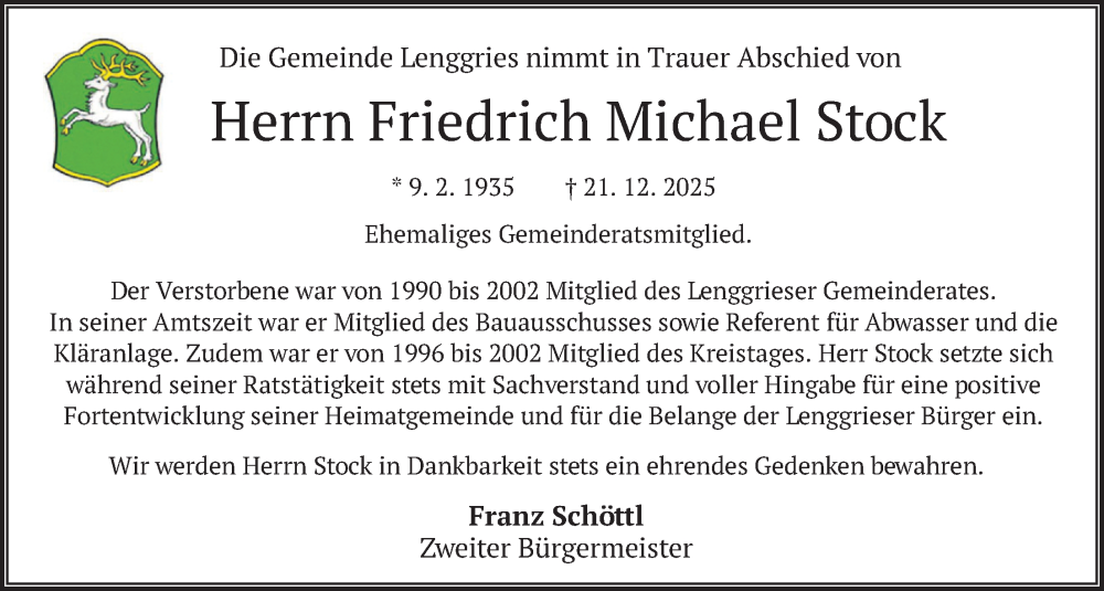 Traueranzeige für Friedrich Michael Stock vom 24.12.2025 aus merkurtz