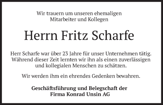 Traueranzeige von Fritz Scharfe von merkurtz