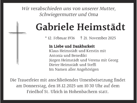 Traueranzeige von Gabriele Heimstädt von merkurtz