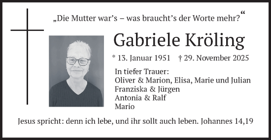Traueranzeige von Gabriele Kröling von merkurtz