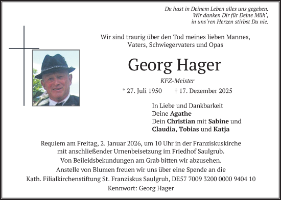 Traueranzeige von Georg Hager von merkurtz