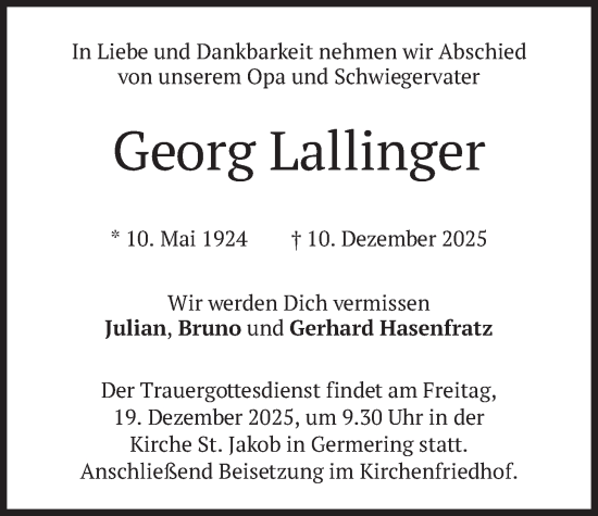 Traueranzeige von Georg Lallinger von merkurtz