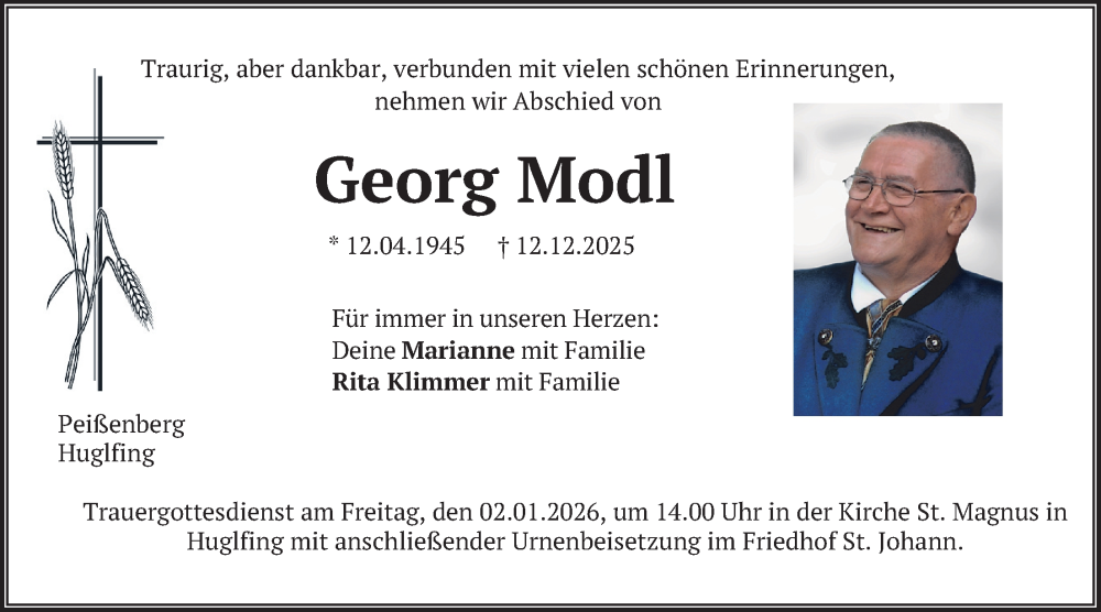  Traueranzeige für Georg Modl vom 29.12.2025 aus merkurtz