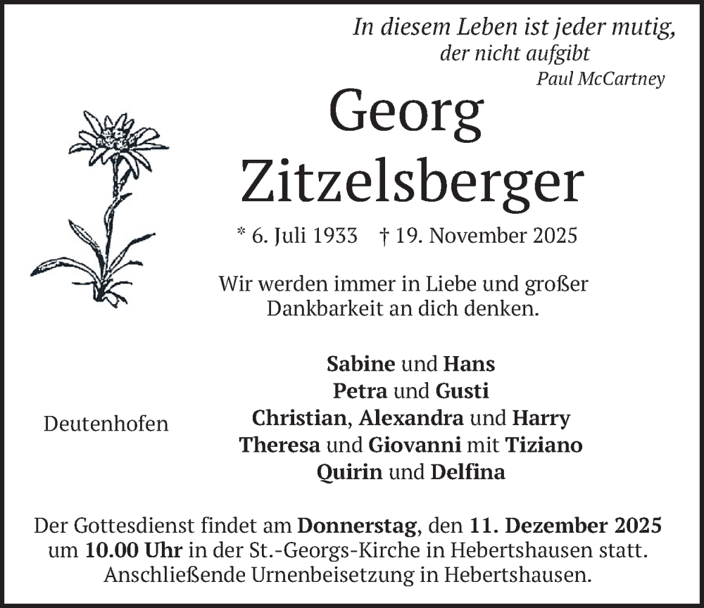  Traueranzeige für Georg Zitzelsberger vom 05.12.2025 aus merkurtz