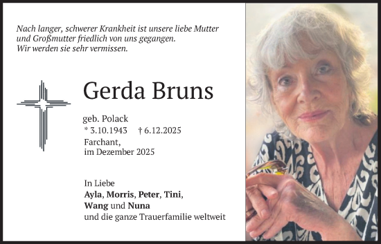 Traueranzeige von Gerda Bruns von merkurtz