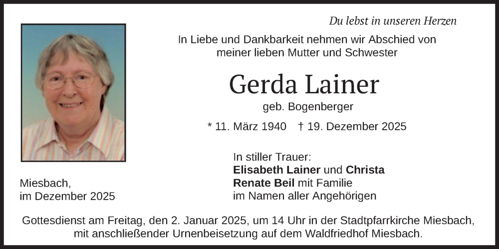  Traueranzeige für Gerda Lainer vom 27.12.2025 aus merkurtz