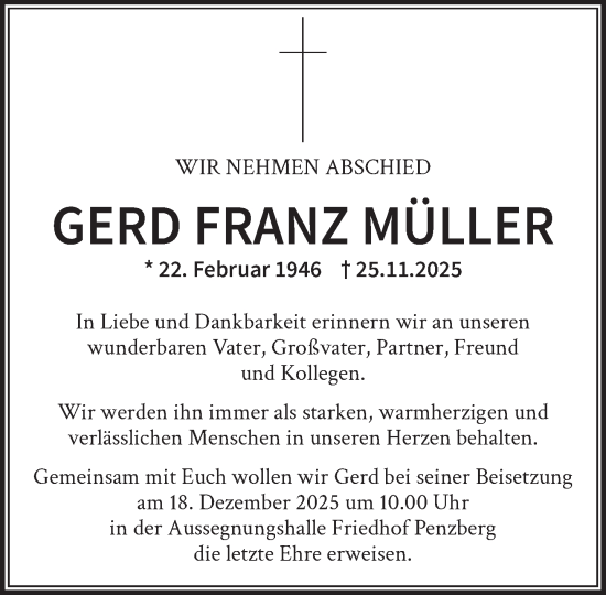 Traueranzeige von Gerd Franz Müller von Das Gelbe Blatt Penzberg