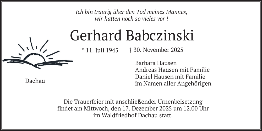  Traueranzeige für Gerhard Babczinski vom 13.12.2025 aus merkurtz
